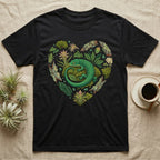Black t-shirt with green lizard and foliage heart graphic.