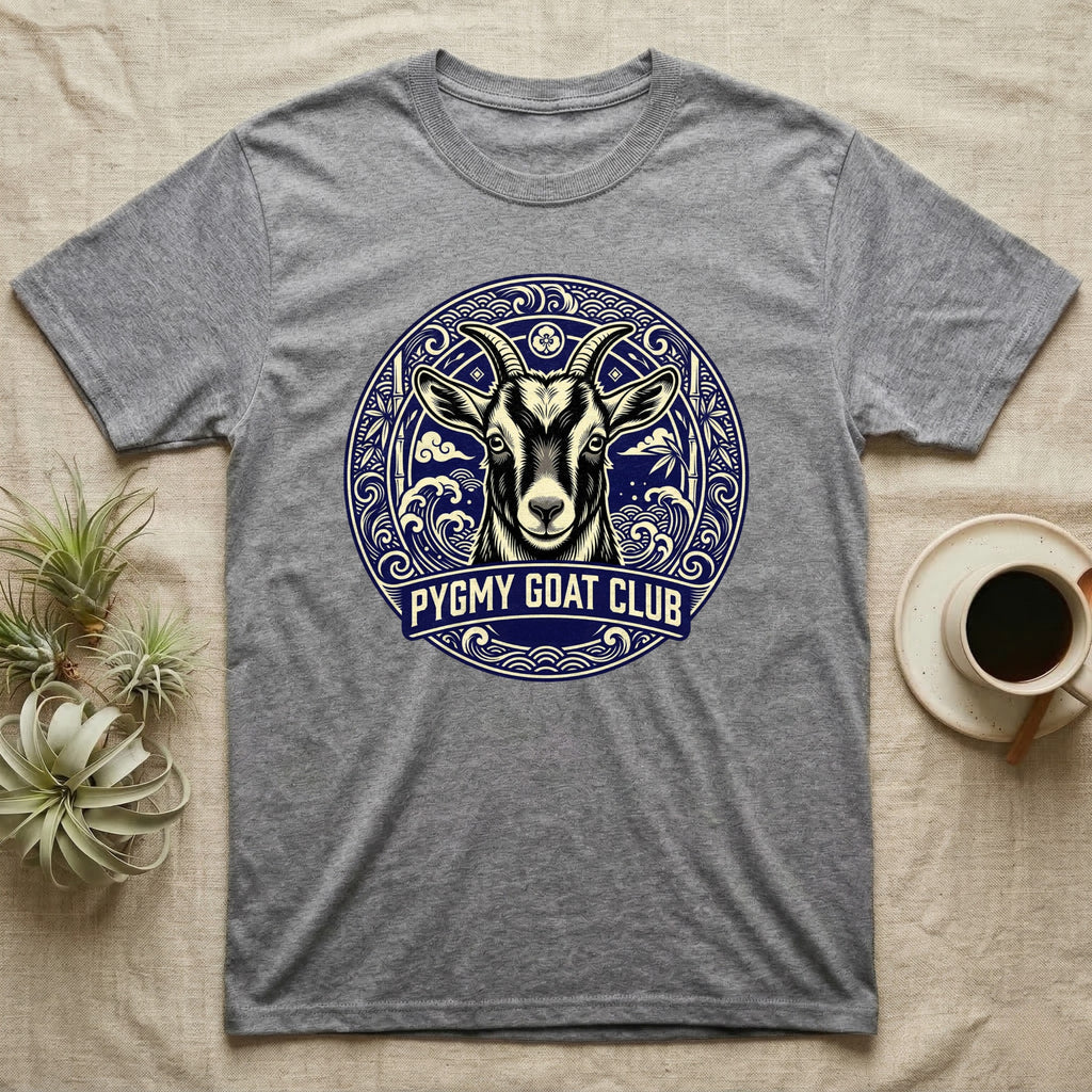 Grey t-shirt featuring a circular logo with a goat's head and "Pygmy Goat Club" text.