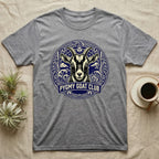 Grey t-shirt featuring a circular logo with a goat's head and "Pygmy Goat Club" text.