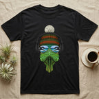 Black t-shirt featuring a green alligator wearing sunglasses and headphones.