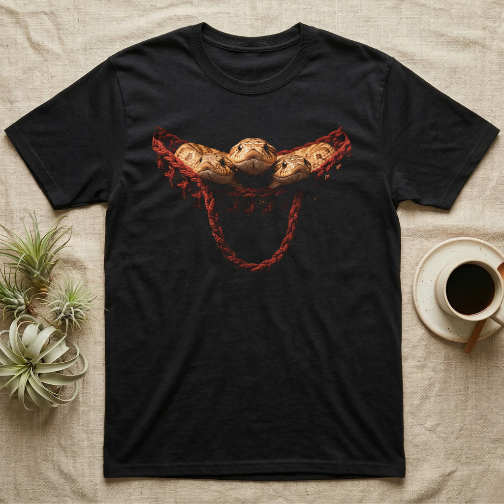 Hognose Snakes Crocheted Hammock T-Shirt in Black — Three western hognose snakes bundled in a hand-crocheted red yarn hammock, lit warm and dissolving into deep black.