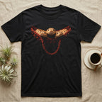 Hognose Snakes Crocheted Hammock T-Shirt in Black — Three western hognose snakes bundled in a hand-crocheted red yarn hammock, lit warm and dissolving into deep black.