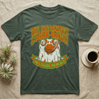 Crested Gecko Halloween Stare-Down T-Shirt in Military Green — Retro-horror crested gecko in a ghost sheet licking its eye, "The Halloween Stare-Down, No Eyelids No Mercy."