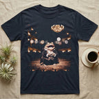 Budgett's Frog Opera Singer T-Shirt in Navy — Budgett's frog in a velvet tailcoat and lace collar singing under a warm opera house chandelier.