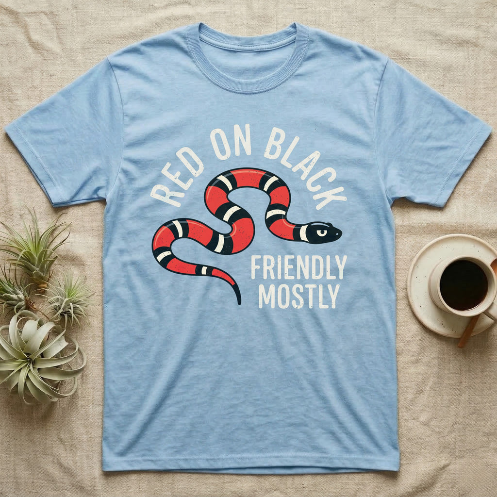 Milk Snake Friendly T-Shirt in Light Blue — Worn screen-print of a red, black and cream banded milk snake under the cream words Red On Black, Friendly, Mostly