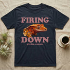Crested Gecko Firing Down T-Shirt in Navy — Engraved crested gecko in navy ink between the rose words Firing and Down, with give him a minute above.
