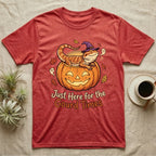 Bearded Dragon Gourd Times T-Shirt in Heather Red — Cartoon bearded dragon in a witch hat lounging in a jack-o'-lantern, "Just Here for the Gourd Times."