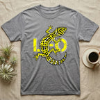 Grey t-shirt with a yellow leopard gecko and "Leo" graphic.