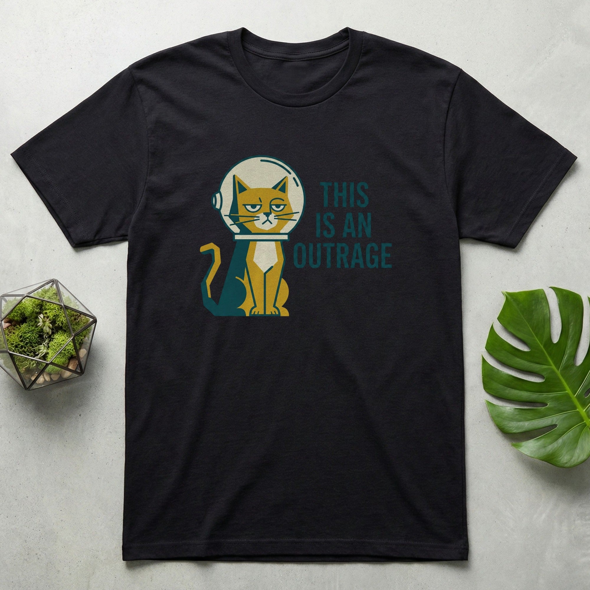 This is an Outrage Cat with Helmet Graphic T-Shirt