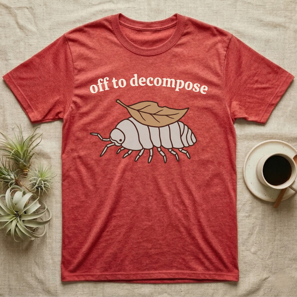 Isopod Decomposer T-Shirt in Heather Red — Minimal doodle of a grey isopod walking off with a dead leaf on its back under the words off to decompose