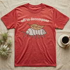 Isopod Decomposer T-Shirt in Heather Red — Minimal doodle of a grey isopod walking off with a dead leaf on its back under the words off to decompose