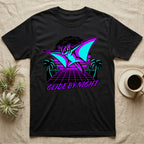 Black t-shirt with neon retro graphic of a flying sugar glider and text "GLIDE BY NIGHT".