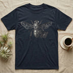 Dark t-shirt featuring a metallic print of a bee and honeycomb.