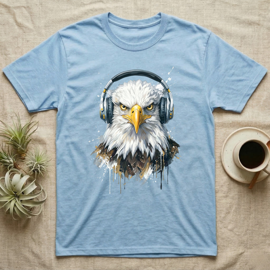 Light blue t-shirt with a watercolor eagle wearing headphones.