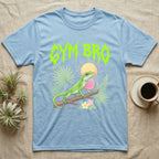 Green Anole Feral T-Shirt in Light Blue — Green anole mid push-up with flared pink dewlap under a jagged neon-lime metal "GYM BRO" wordmark and pastel ferns.