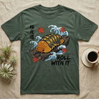 Rubber Ducky Isopod Ukiyo-e T-Shirt in Military Green — Ukiyo-e woodblock rubber ducky isopod on cork bark among waves and maple leaves, "Roll With It".
