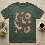 Axolotl Cosmic T-Shirt in Military Green — Vintage screen-print illustration of axolotls in astronaut helmets floating in space, soft coral monochromatic on dark background.