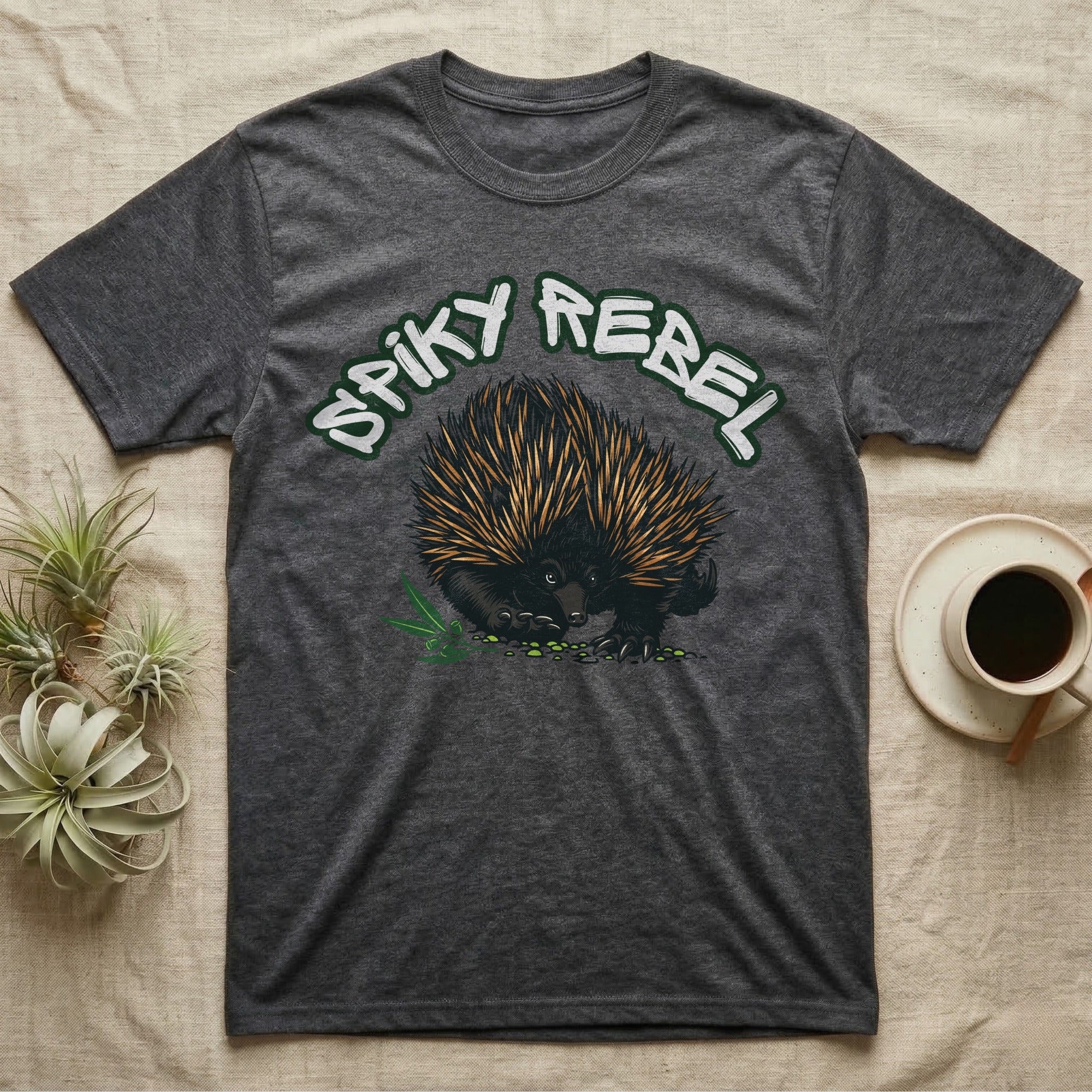 Dark gray t-shirt with "Spiky Rebel" text and an echidna graphic.