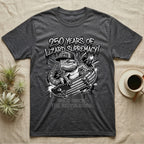 Bearded Dragon Skater T-Shirt in Dark Heather — Black-and-white bearded dragon in a 1776 snapback on a flag skateboard under text 250 Years of Lizard Supremacy.