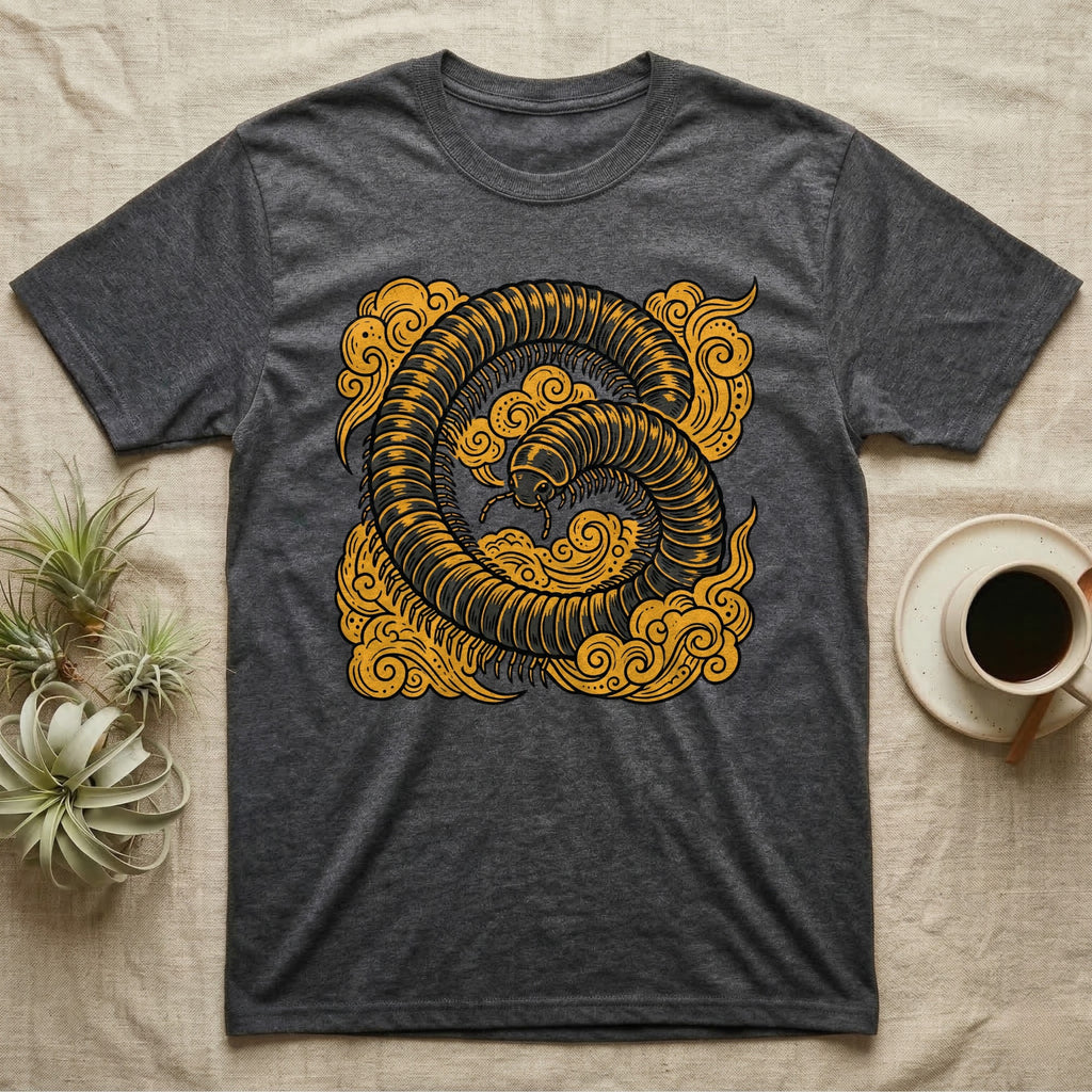Dark grey t-shirt with a stylized yellow centipede and cloud design.