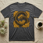Dark grey t-shirt with a stylized yellow centipede and cloud design.