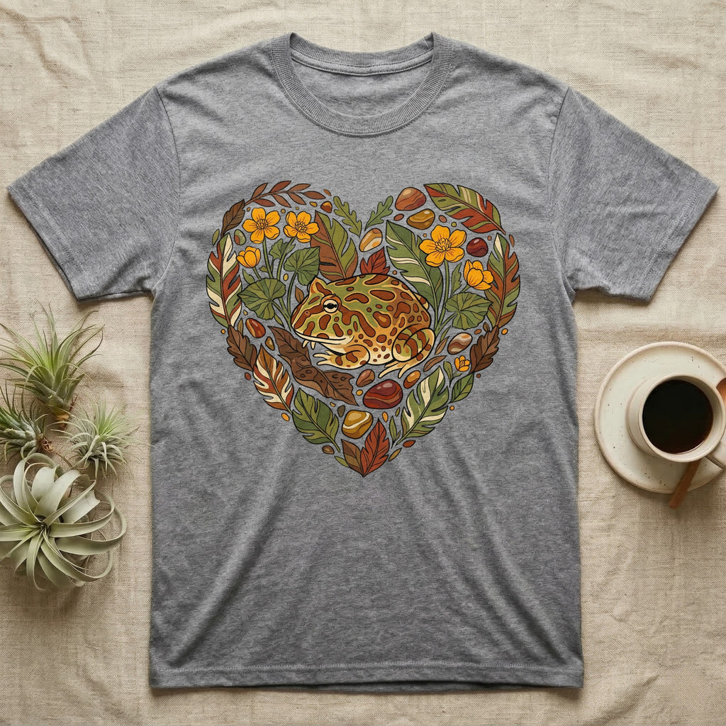 Grey t-shirt with heart-shaped nature design featuring a frog.