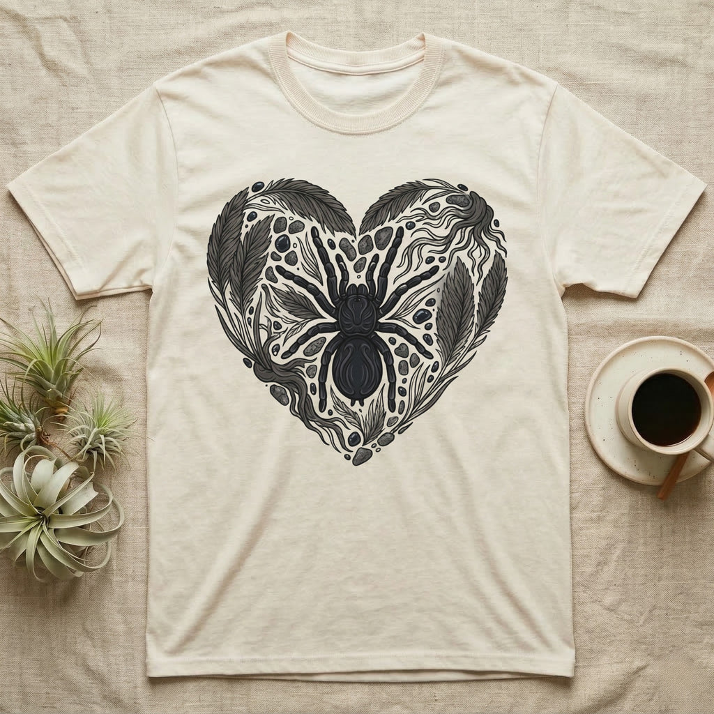 Cream t-shirt with a heart-shaped graphic of a spider and floral elements.