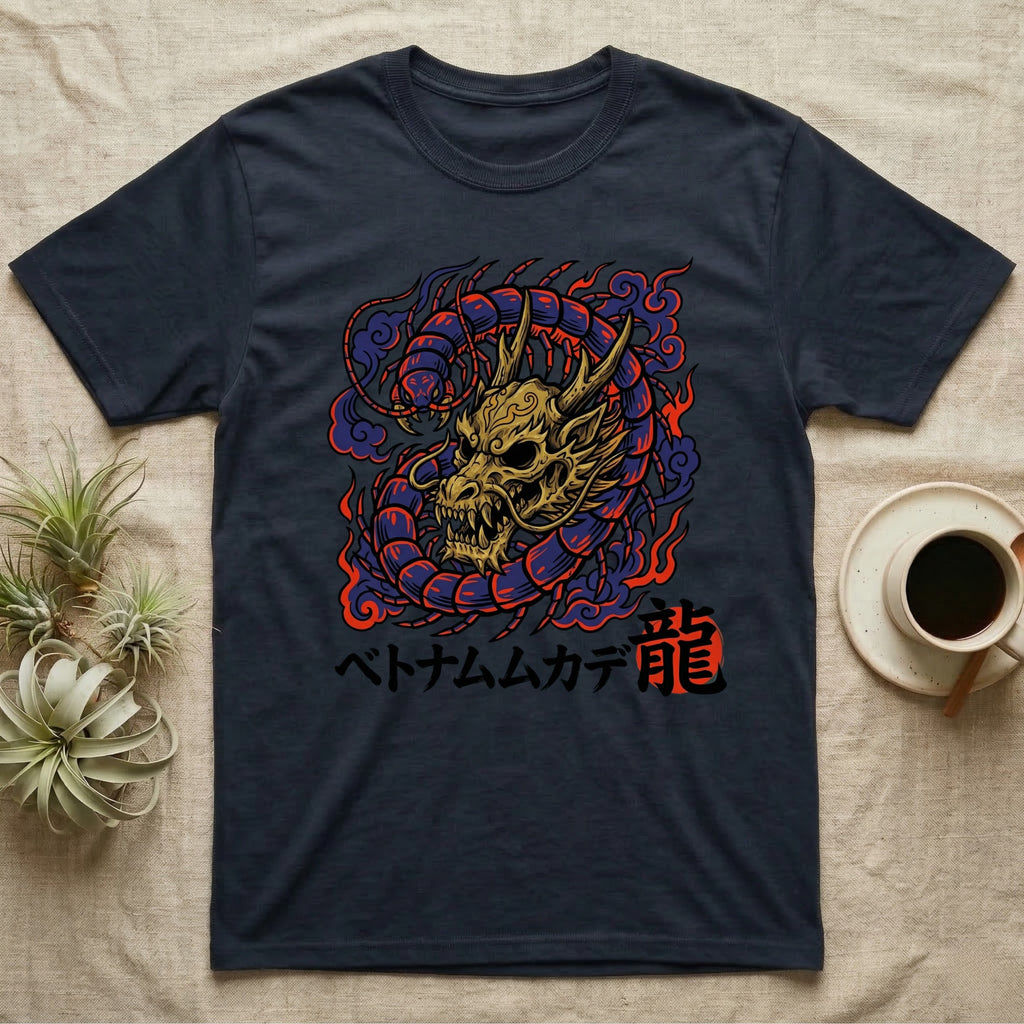 Navy t-shirt with a golden dragon graphic and Japanese text.
