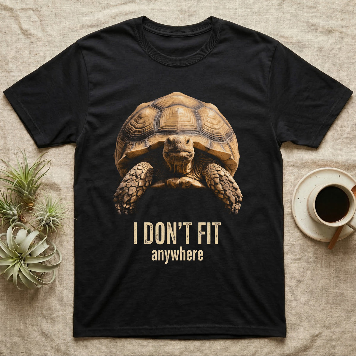 Deadpan mugshot of a sulcata tortoise on black, captioned I don't fit, anywhere. — shown on a Black tee.