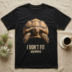 Deadpan mugshot of a sulcata tortoise on black, captioned I don't fit, anywhere. — shown on a Black tee.