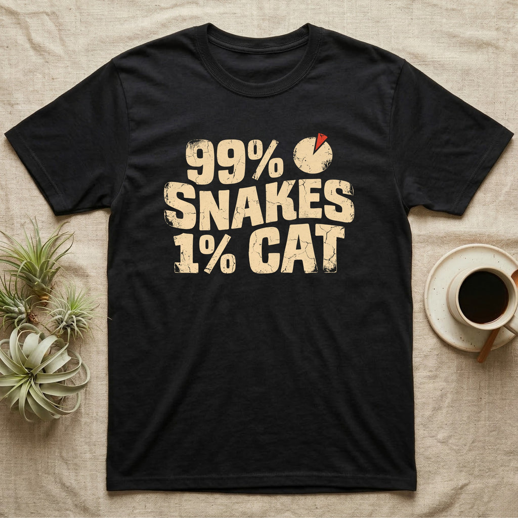 99% Snakes Keeper T-Shirt in Black — Distressed-block wordmark reading 99 percent snakes 1 percent cat with a small pie-chart accent glyph.