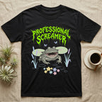 Budgett's Frog Feral T-Shirt in Black — Budgett's frog with wide screaming mouth under jagged acid-green metal text PROFESSIONAL SCREAMER with lily pads