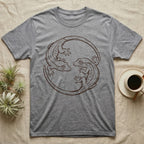 Crested Gecko Roundel T-Shirt in Sport Grey — Two crested geckos in mahogany brush line art, rotated 180 degrees into a circular roundel closed by their own tails.