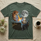 T-shirt featuring two cats breathing fire and lasers at the moon.