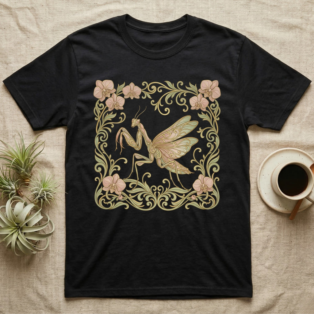 Black t-shirt with a stylized praying mantis and floral design.