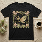 Black t-shirt with a stylized praying mantis and floral design.