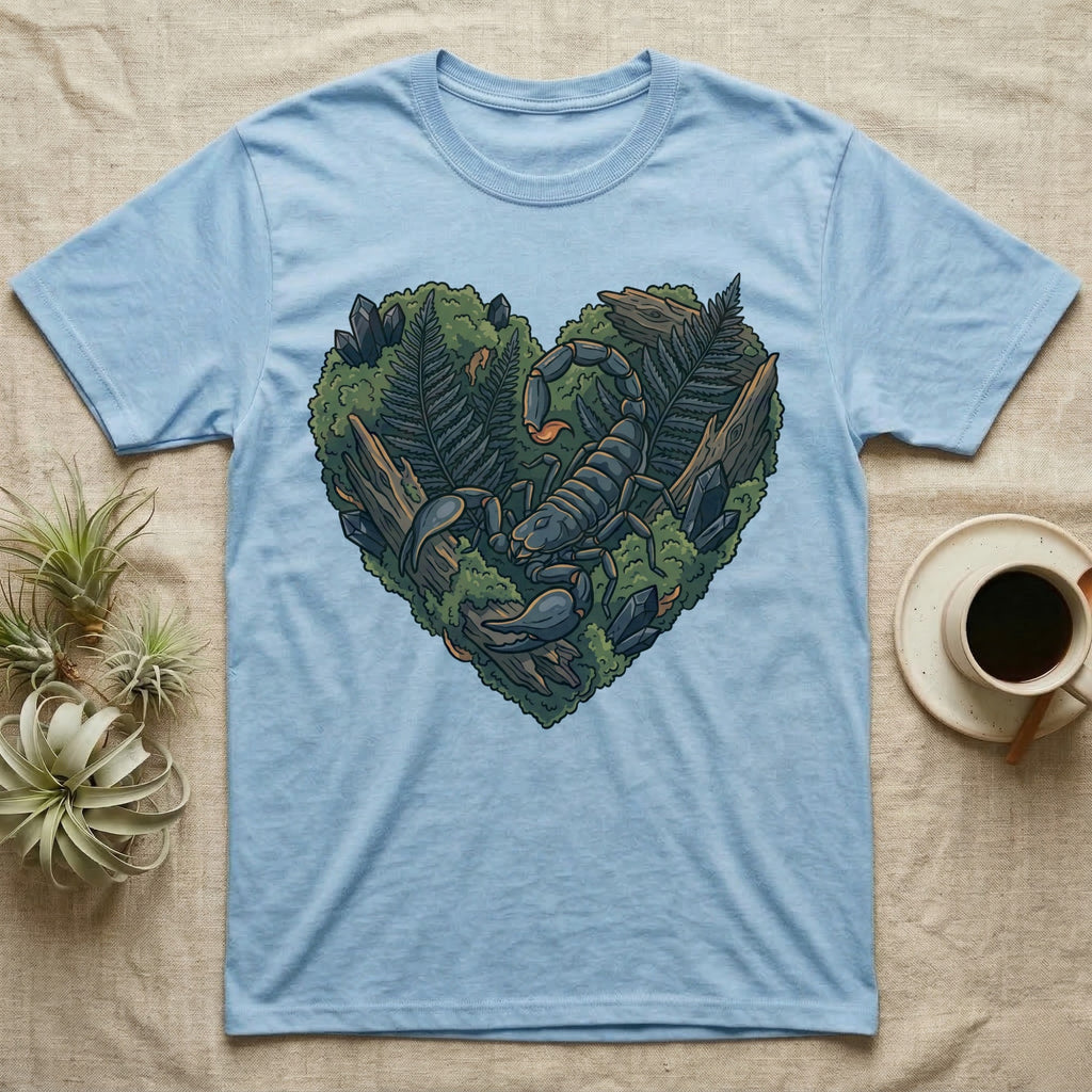 Light blue t-shirt with a heart-shaped design of a scorpion, moss, and ferns.