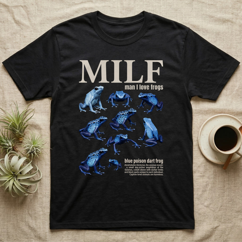 Blue Poison Dart Frog T-Shirt in Black — Eight blue poison dart frogs in a cut-out photo collage beneath the huge cream word MILF on grey.
