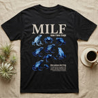 Blue Poison Dart Frog T-Shirt in Black — Eight blue poison dart frogs in a cut-out photo collage beneath the huge cream word MILF on grey.