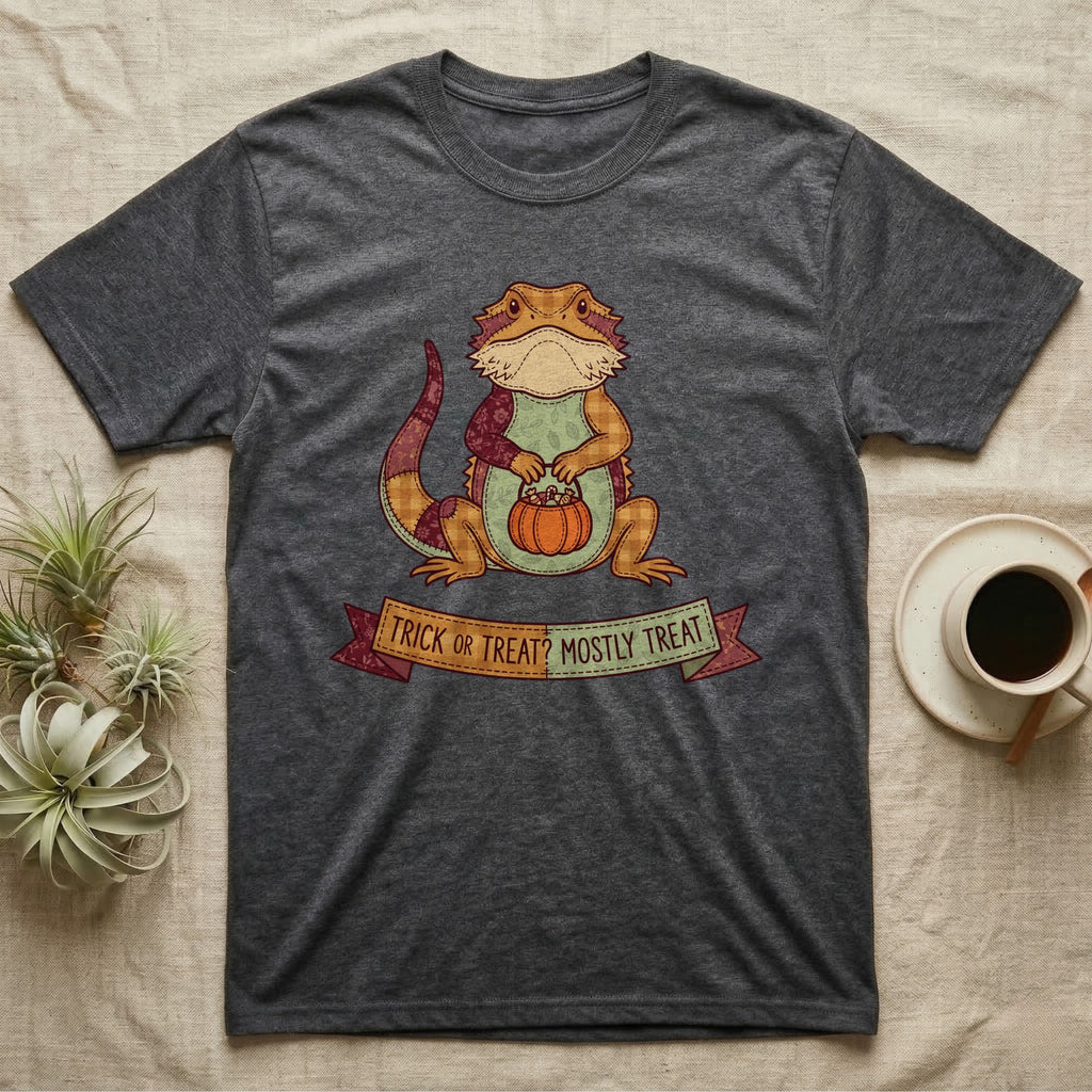 Bearded Dragon Mostly Treat T-Shirt in Dark Heather — Patchwork-quilt bearded dragon holding a pumpkin pail, banner reading "Trick or Treat? Mostly Treat."