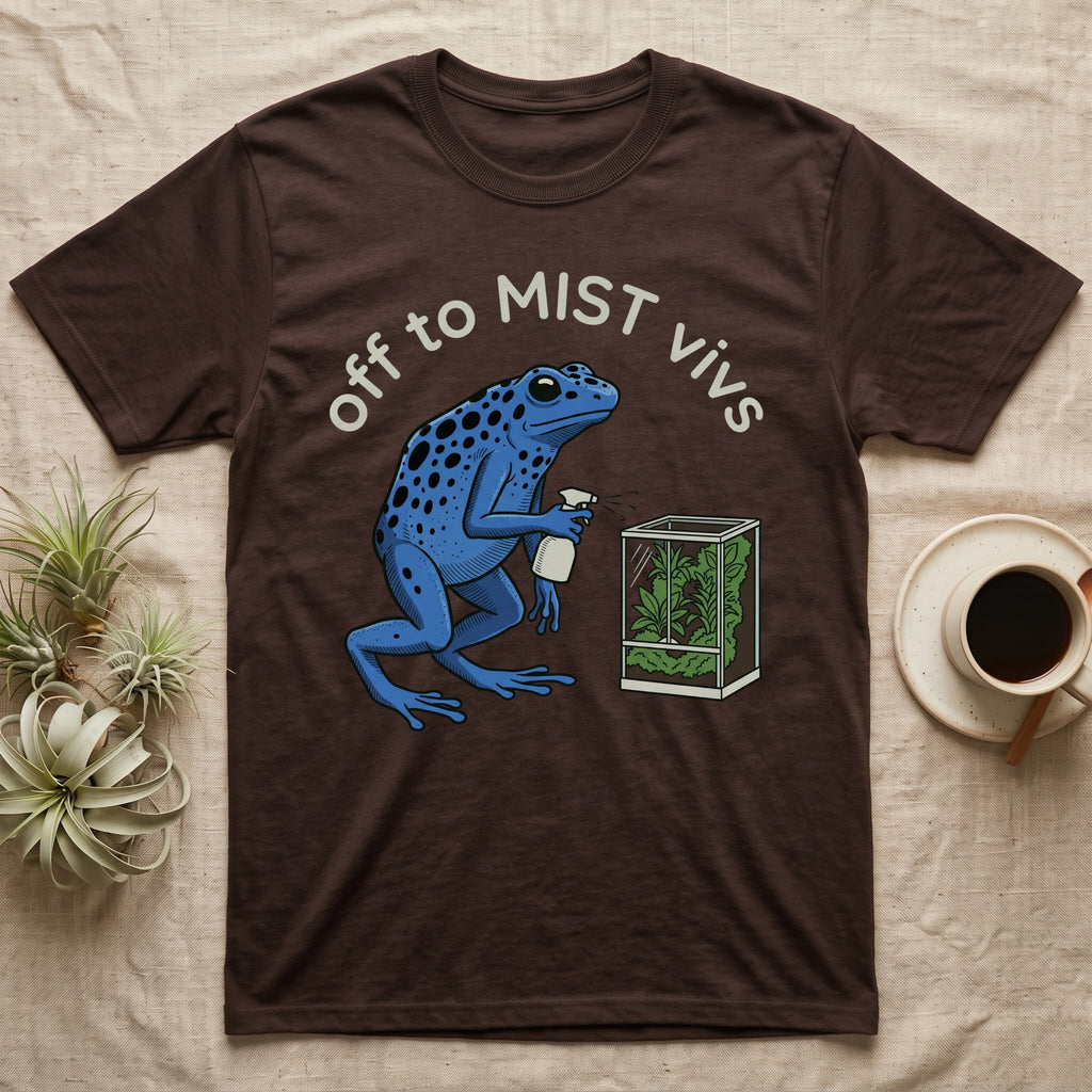 Dart Frog Misting T-Shirt in Dark Chocolate — Spotted blue dart frog spraying a planted vivarium under the words off to MIST vivs