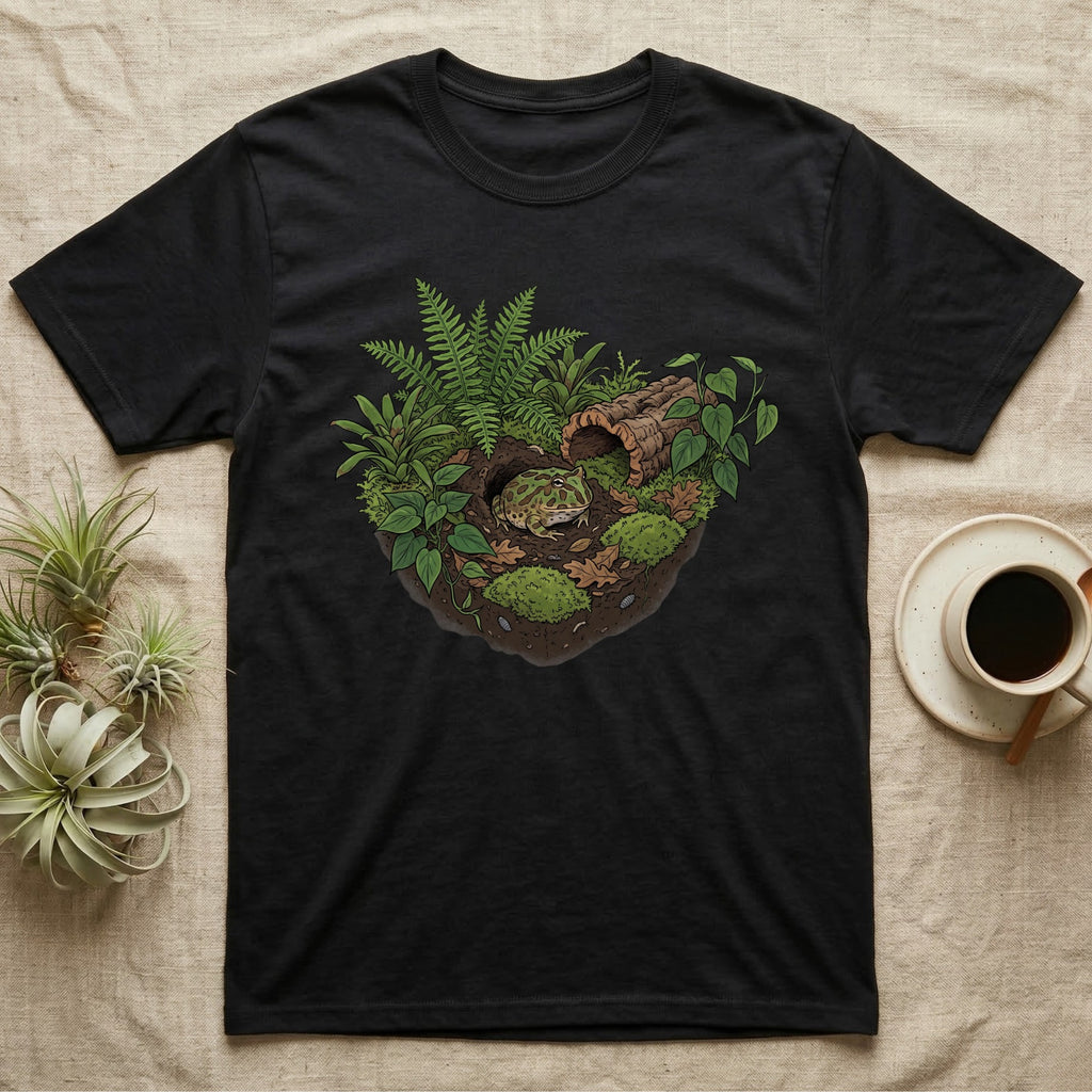 Pacman Frog Vivarium T-Shirt in Black — Botanical illustration of a pacman frog thriving in a planted bioactive vivarium beside a small empty plastic cup.