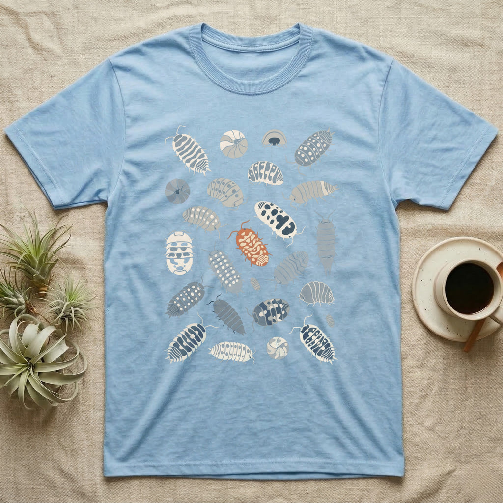 Isopod Morph Plate T-Shirt in Light Blue — About twenty-five flat-painted isopods scattered across grey, all shapes and patterns, one of them orange.