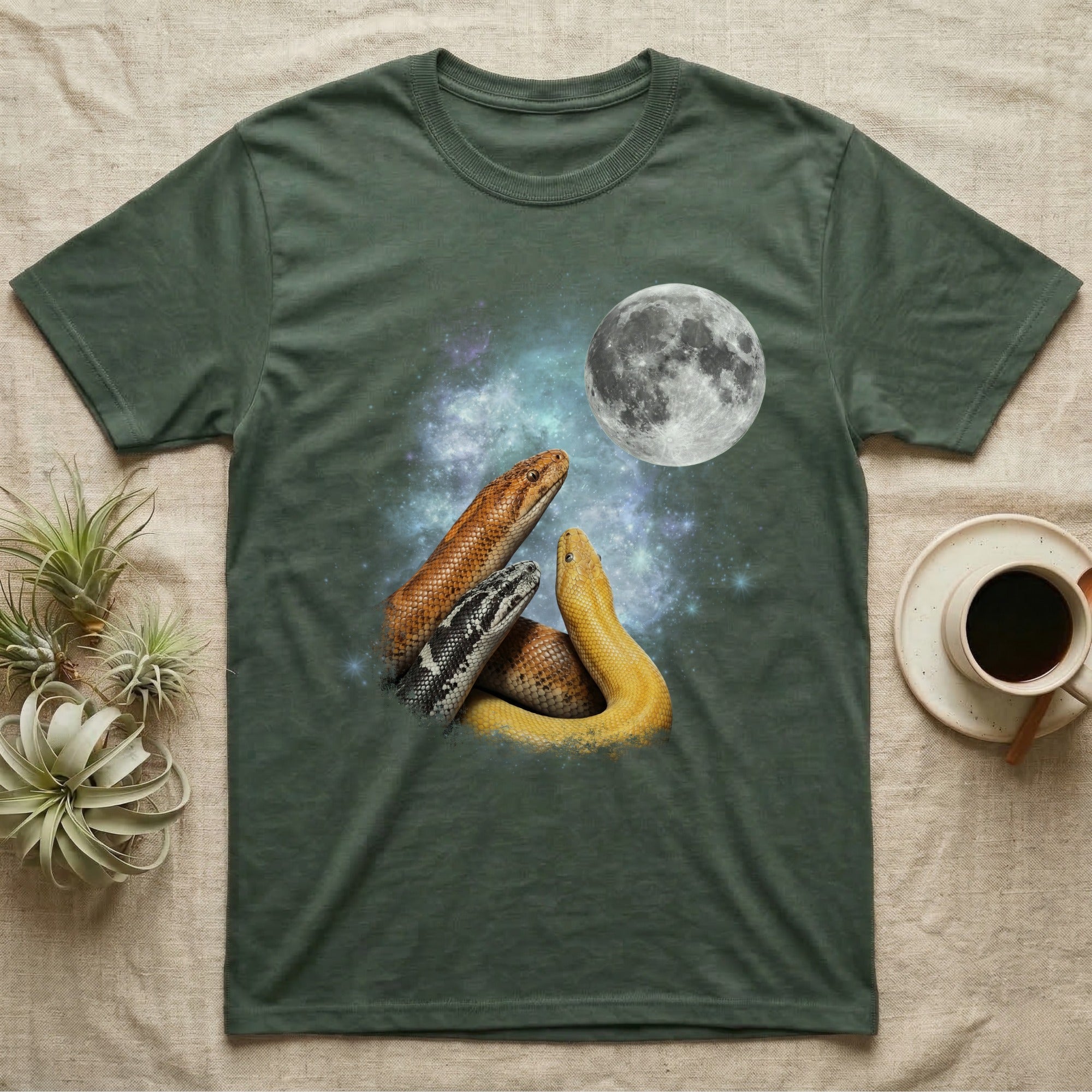 Kenyan Sand Boa Moon Howl T-Shirt in Military Green — Three Kenyan Sand Boa colour morphs howling at a full moon over a nebula on a dark grey t-shirt.