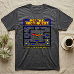 Dark grey t-shirt with "Reptile Room Quest Level 1: The Escape Artist" video game design.