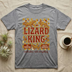 Grey t-shirt with "Lizard King" text and distressed lizard illustrations.