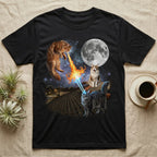 Two cats battle on a rooftop under a full moon, one breathing fire.