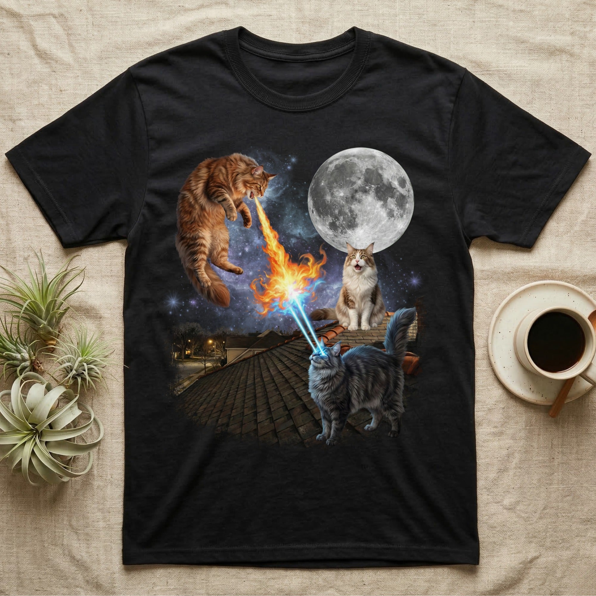 Two cats battle on a rooftop under a full moon, one breathing fire.
