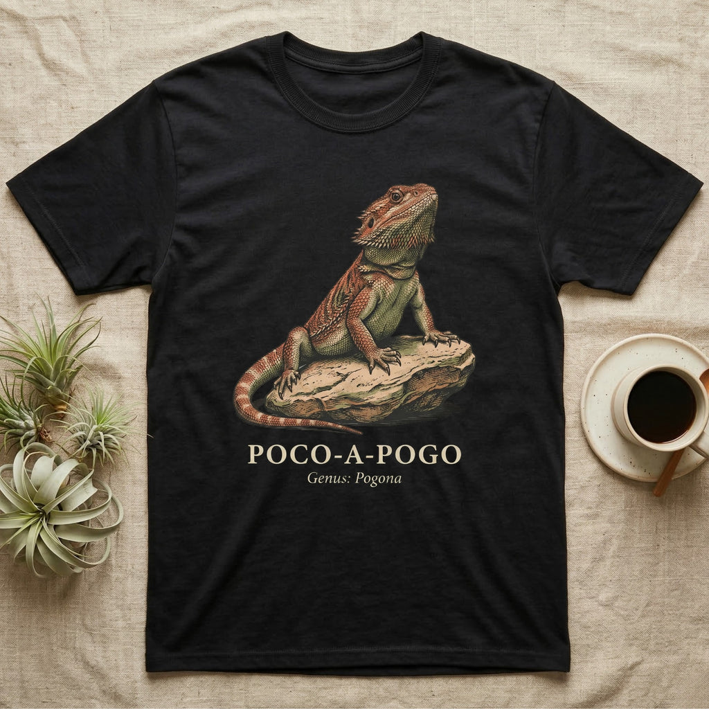 Black t-shirt featuring a detailed illustration of a bearded dragon on a rock.