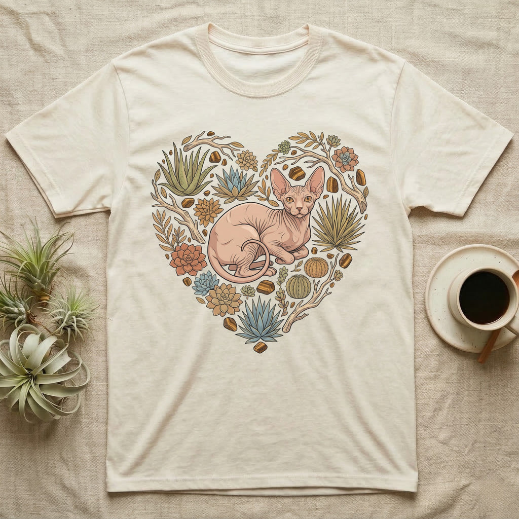 Cream t-shirt with a heart-shaped botanical illustration featuring a Sphinx cat.